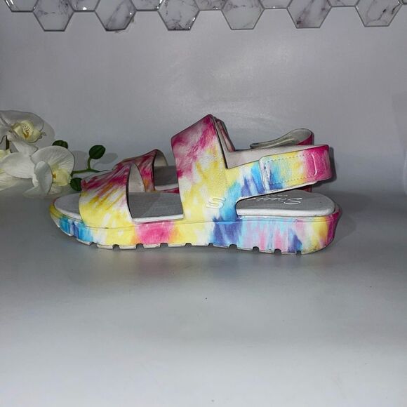 Skechers Luxe Foam Pink and Yellow Sandals Vibrant Tie-Dye Comfort - Picture 3 of 5